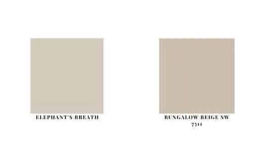 Farrow and Ball Elephant's Breath next to Sherwin Williams Bungalow Beige SW 7511 as paint swatches